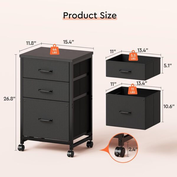 3 Drawer Mobile File Cabinet with Wheels Fabric Vertical Filing Cabinet fits A4 or Letter Size for Home Office,Black