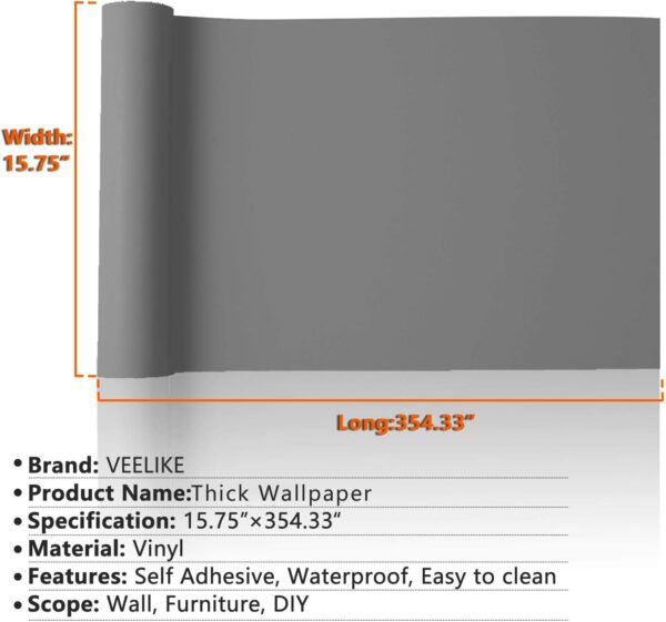 VEELIKE 15.7''x354'' Thick Grey Wallpaper Peel and Stick for Bedroom Bathroom Kitchen Self Adhesive Grey Contact Paper for Cabinets Walls Countertops Waterproof Removable Wallpaper for Living Room