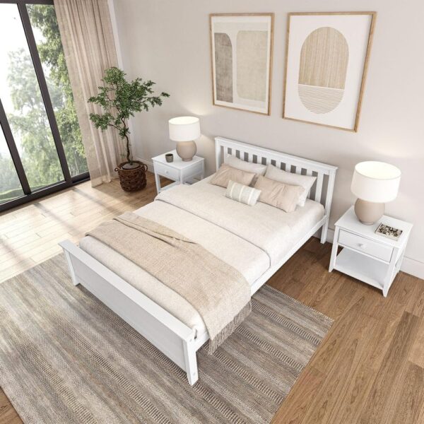 Plank+Beam Solid Wood Queen Bed Frame, Platform Bed with Headboard, White