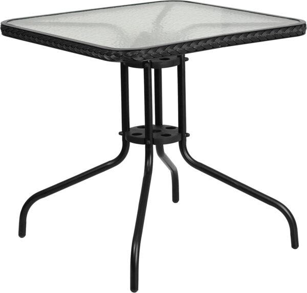 Flash Furniture 5-Piece 28" Square Indoor/Outdoor Patio Table and Chairs Set, Dining Set with Glass Metal Bistro Table, 4 Stack Rattan Chairs, Black