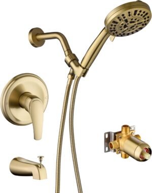 Tub Shower Faucet Combo, Brushed Gold Shower System 10 Patterns Handheld Shower Head with Tub Spout, Shower Trim Kit with Shower Head & Brass Valve