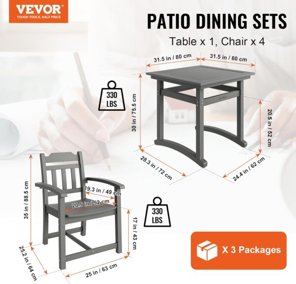 VEVOR Outdoor HIPS Patio Dining Set, 5 Pieces Patio Table and Chairs Set, All Weather Garden Square Furniture Table Sets, Patio Conversation Set, for Lawn, Deck, Backyard, Poolside, Light Gray