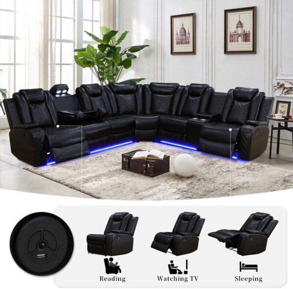 Living Room Furniture Set Black Leather Sofa Living Room Set Power Recliner Adjustable Sofa,Loveseat and Chair with Cup Holders/Storage Console/LED Light/UPS Port for Living Room, Office