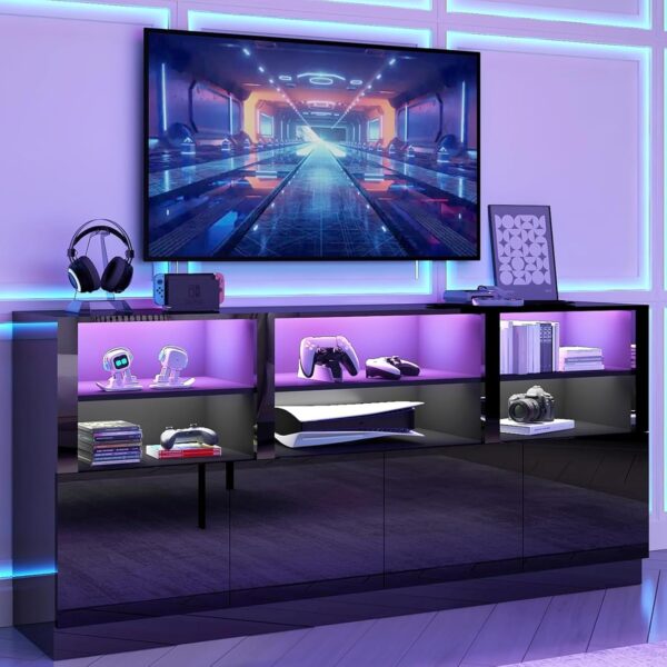 Black TV Stand for 65/75/80/85 Inch TVs with RGB LED Lights,32'' Tall Modern High Gloss Entertainment Center Cabinet Stands with Storage Shelves and Doors,TV Media Console Table for Living Room