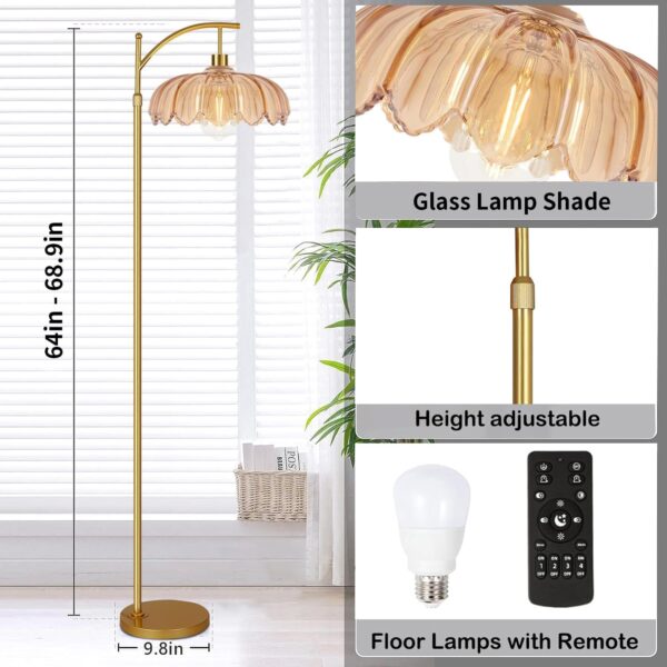 Floor Lamp for Living Room,Bedroom,Gold Dimmable Standing Lamp with Remote,Mid Century Modern Brass Tall Lamp Retro Vintage Green Glass Lamp Floor Light Boho Bohemian