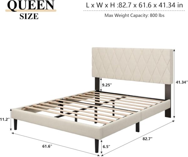 Queen Size Bed Frame with Diamond Tufted Headboard, Velvet Upholstered Platform Bed and Wooden Slat Support, Noise-Free, No Box Spring Needed, Easy Assembly, Beige