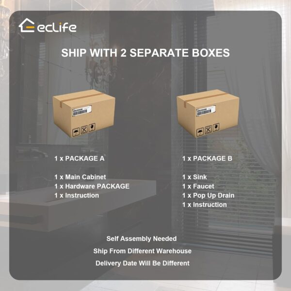eclife 24" Bathroom Vanity Sink Combo Modern Freestanding Cabinet W/Straight Lines Brown Boat Tempered Glass Vessel Sink & ORB Water Save Faucet & Solid Brass Pop Up Drain (A29BR B50)
