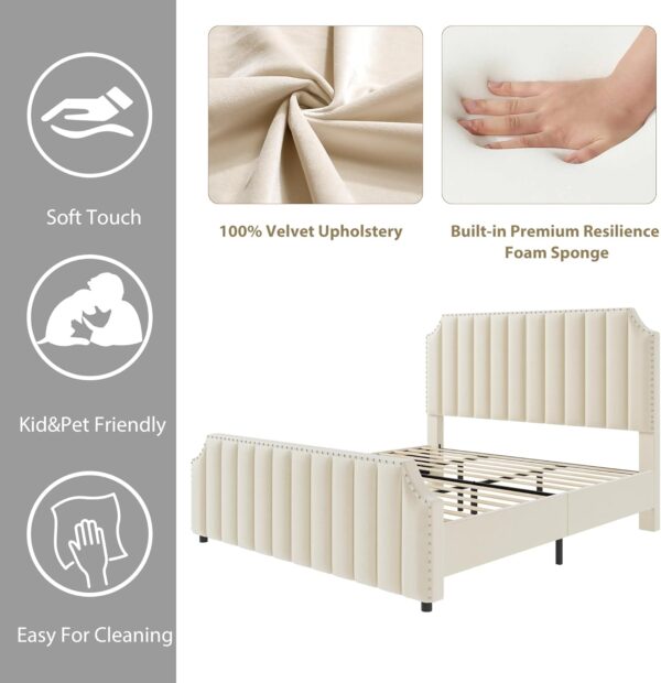 Queen Size Platform Bed Frame with 50.2" Headboard, Velvet Upholstered Bed Frame Queen with Vertical Channel Tufted Headboard & Footboard, Nailhead Trim, No Box Spring Needed, Cream