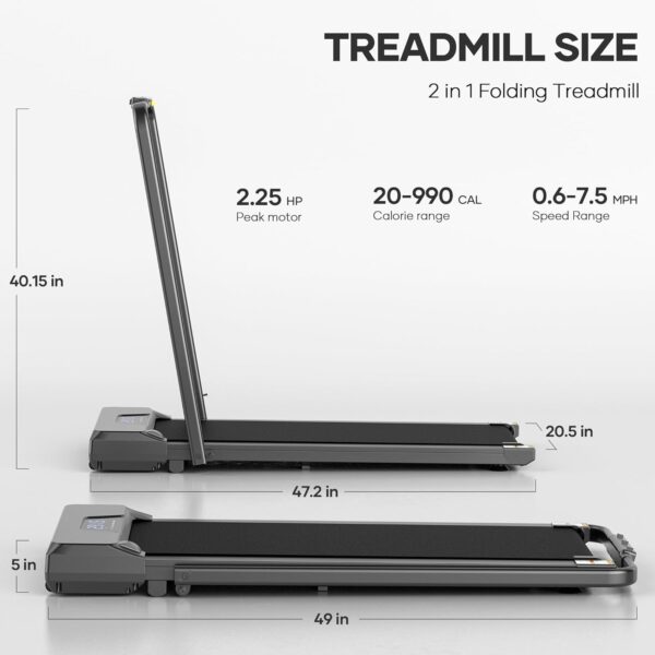 Walking Pad 2 in 1 Treadmills for Home 2.25HP Under Desk Treadmill Foldable Treadmill with Remote Control LCD Display Foldable Handrail 220LBS Weight Capacity for Walking Jogging Running