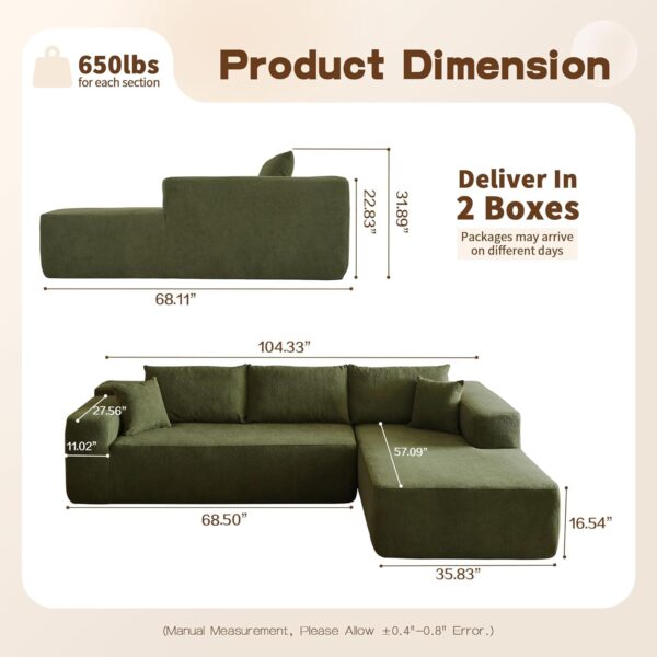 104" Modular Sectional Sofa Couch,L-Shape Upholstered Cloud Couch,Modern Minimalist Couches for Living Room,Free Combination Deep Seat Corner Couch, Sherpa/Right Facing Chaise,Green