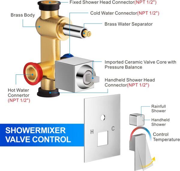 Shower Faucet Set, 12 Inch Polished Chrome Shower System, Wall Mounted Rain Shower Head with 2 in 1 Handheld Spray, Modern Square Shower Head Rainfall Shower Head System, Shower Valve Trim Kit