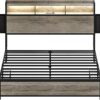 Queen Bed Frame with Bookcase Headboard and 2 Drawers LED Lights Metal Platform Non-Slip Without Noise Strong Metal Slats Support No Box Spring Needed (Greige, Queen)