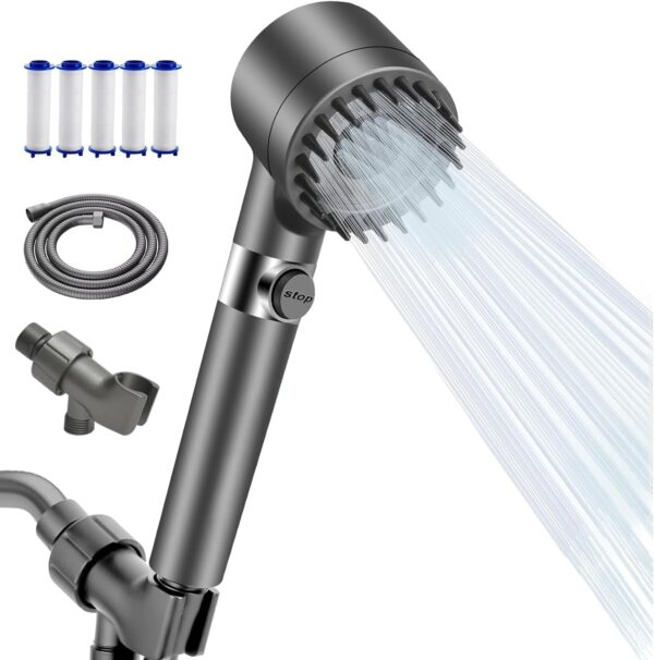 High Pressure Shower Head with Handheld & Filter, 3 Spray Modes, 5 Replacement Filters, Hydro Jet Power Wash for Hard Water, On/Off Switch & Pet Bathing Showerheads, Water Saving, Easy Installation