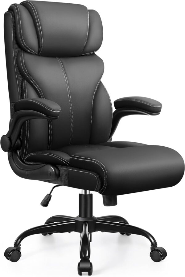 Office Chair, Ergonomic Big and Tall Computer Desk Chairs, Executive Breathable Leather Chair with Adjustable High Back Flip-up Armrests, Lumbar Support Swivel PC Chair with Rocking Function