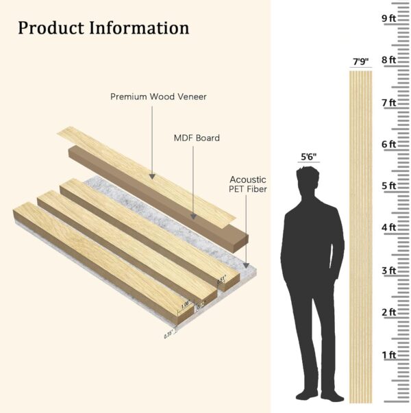 Wood Slat Wall Panels, 2 Pack Wood Panels for Wall, 94.5"×12.6" Decorative Acoustic Panels for Interior Wall, 3D Soundproof Panels for Ceiling, Living Room, Bedroom, Offices, White Oak