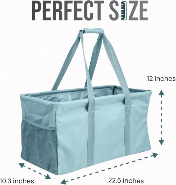 71T70y6EYWL._AC_SL1500_.jpg Extra Large Utility Tote Bag - Oversized Collapsible Reusable Wire Frame Rectangular Canvas Basket With Two Exterior Pockets For Beach, Pool, Laundry, Car Trunk, Storage - Light Blue