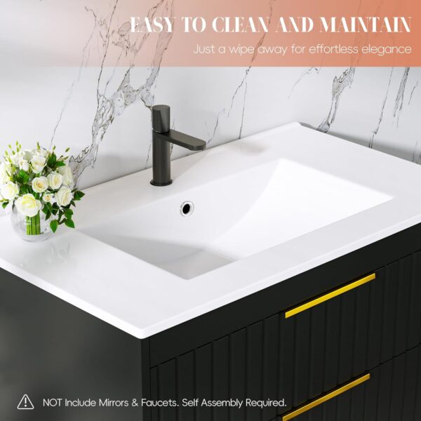 36" Bathroom Vanity with Sink, Floating Vanity Bathroom Sink Cabinet Wall Mount, Soft-Close Function 2 Large Drawers, Grooved Stripe Design, Hidden Damping Drawers, Black