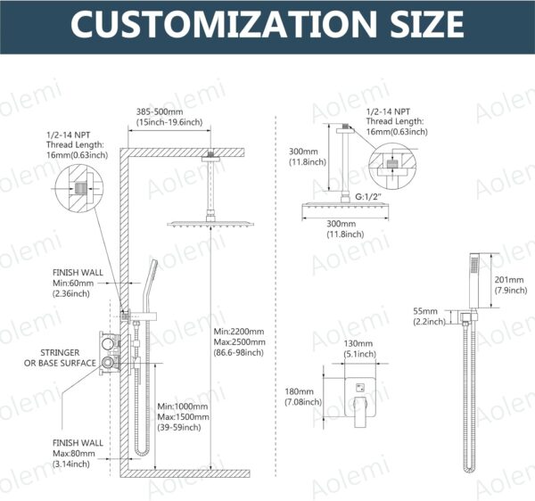 Aolemi Ceiling Mount Shower Faucet Set with Handheld Spray High Pressure Shower Faucets Sets Complete Rough-in Valve and Shower Trim Kit System Included Rainfall Polish Chrome 12 Inch LED Shower Head