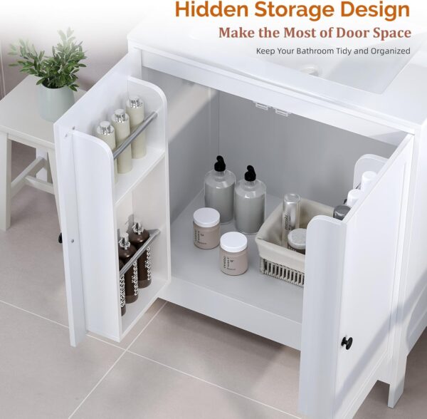 VINGLI Bathroom Vanity with Ceramic Sink, 30 Inch White Bathroom Sink Cabinet Combo, Restroom Basin Cabinet with 2 Doors,Modern Lavatory Laundry Room Freestanding Organizer w/4-Tier-Hidden Storage