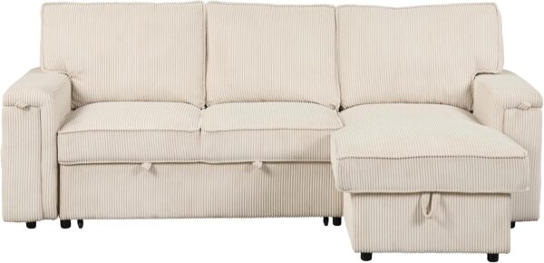 96" Convertible Sleeper Sofa Bed, Pull Out Sectional Sofa with Storage Chaise, Modern L-Shaped Corner Couch with Cup Holders & Pockets for Small Spaces, Apartment, Living Room, Beige