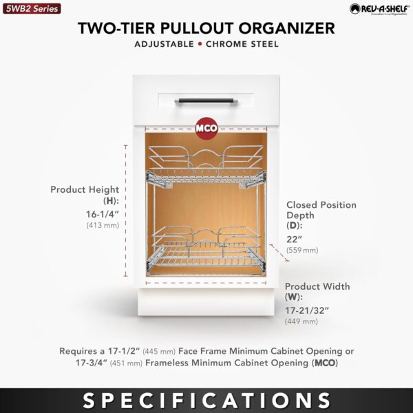 Rev-A-Shelf 2-Tier Kitchen Cabinet Pullout Shelf and Drawer Organizer Slide Out Pantry Storage Basket in Multiple Sizes, 18 x 22 In, 5WB2-1822CR-1