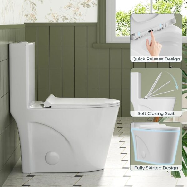 Modern One Piece Toilet, 1.1/1.6 GPF Elongated Dual Flush Toilet with Soft Closing Seat, Standard Modern Toilet for Bathroom, 12" Rough-In (White)