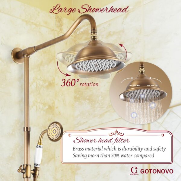 gotonovo Shower Fixture Faucet Set Complete Antique Brass Exposed Pipe Shower System 8 Rain Shower 2 Double Knobs Handle Triple Function Tub Spout Shower Combo Unit Set