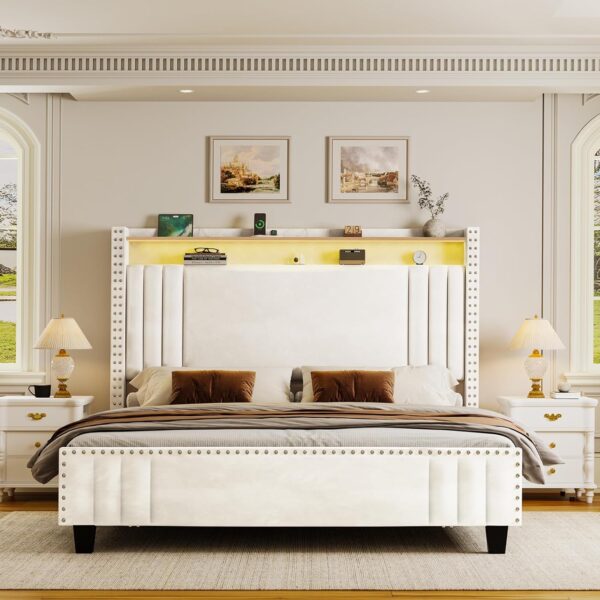 Queen Bed Frame with Tall Headboard & LED Light,Velvet Upholstered Bed Frame with Storage Headboard & Charging Station,Tufted Platform Bed Frame,No Box Spring Needed,Cream