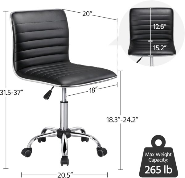 Yaheetech Adjustable Task Chair PU Leather Low Back Ribbed Armless Swivel Black Desk Chair Office Chair Wheels