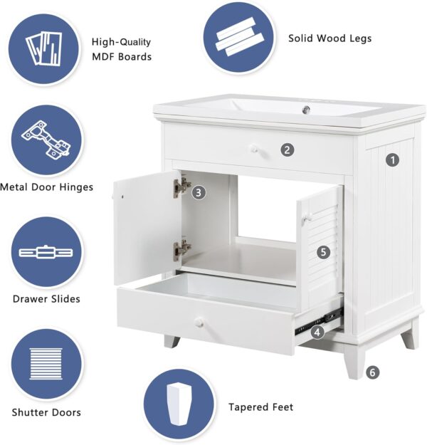 30" Bathroom Cabinet Vanities with Sink Set Combo, Storage Cabinet with Doors and Drawer, Solid Wood, Modern Style, White