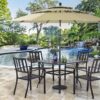 PHI VILLA 5 Piece Outdoor Dining Set with 10ft Umbrella, 37" Square Metal Dining Table & 4 Stacking Metal Chair with 3 Tier Beige Umbrella for Patio, Deck, Yard, Porch