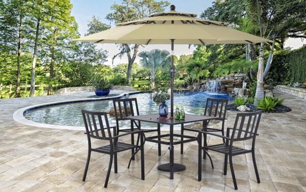 PHI VILLA 5 Piece Outdoor Dining Set with 10ft Umbrella, 37" Square Metal Dining Table & 4 Stacking Metal Chair with 3 Tier Beige Umbrella for Patio, Deck, Yard, Porch