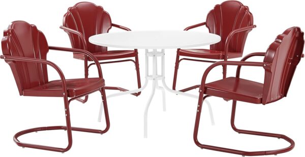 Crosley Furniture Tulip 5-Piece Outdoor Dining Set for 4, Retro Metal Round Patio Table and Chairs for Deck, Dark Red Satin
