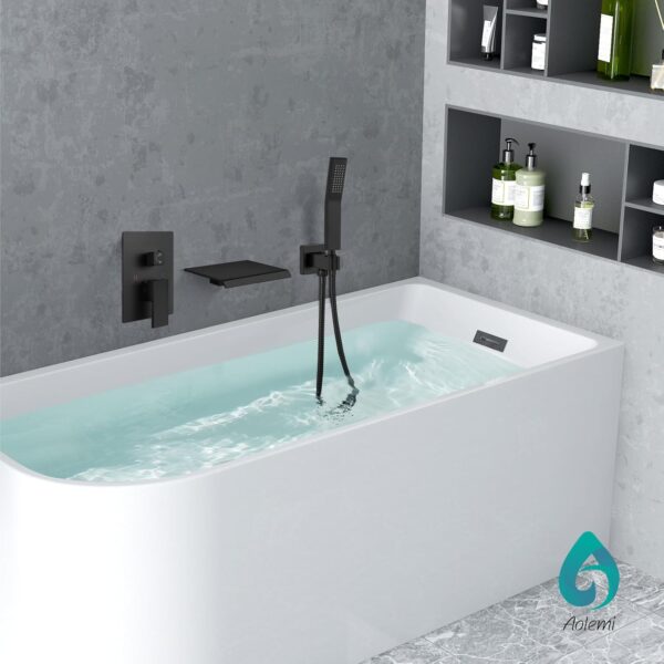Aolemi Wall Mount Bathtub Faucet Bath Tub Faucet Set Waterfall Tub Filler with Handheld Sprayer Single Handle Solid Brass Rough-in Valve,with Bevel Angle Spout,Matte Black