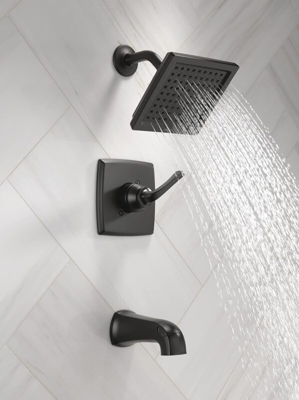 Delta Faucet Geist 14 Series Tub and Shower Trim Kit, Black Shower Faucet with Single-Spray Matte Black Shower Head, Shower Faucet Set Complete, Matte Black 144864-BL (Valve Included)
