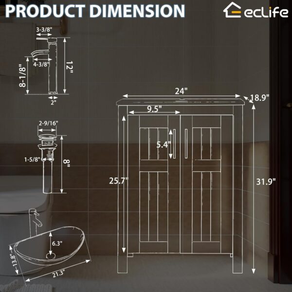 eclife 24" Bathroom Vanity Sink Combo Modern Freestanding Cabinet W/Straight Lines Brown Boat Tempered Glass Vessel Sink & ORB Water Save Faucet & Solid Brass Pop Up Drain (A29BR B50)