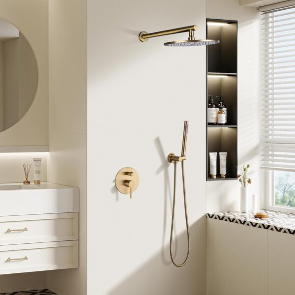 TRUSTMI 12 inch Round Bathroom Luxury Rain Mixer Combo Set Wall Mounted Rainfall Shower Head System Brushed Gold, (Contain Faucet Rough-in Valve Body and Trim)