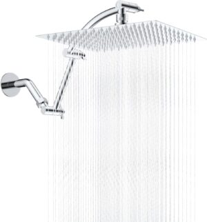 Hibbent All Metal Rain Shower Head, 12'' High Pressure Rainfall Square Showerhead with 16" Shower Head Extension Arm, Solid Brass Adjustable Shower Arm Extender, Waterfall fixed Showerheads, Chrome