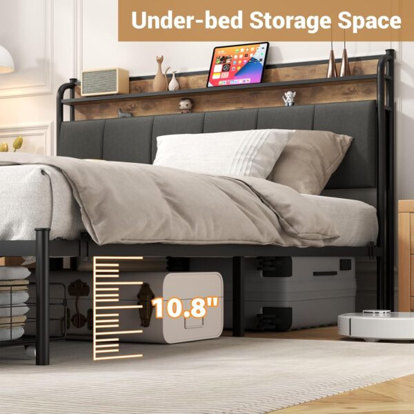 LED Queen Bed Frame with Storage and Headboard, USB & AC Outlet Charging Station, Queen Size Platform Bed with RGB LED Lights, Upholstered Fabirc Headboard, No Box Spring Needed, Grey