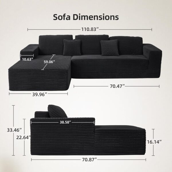 Claiks 110" Cloud Sectional Couch with Chaise Lounge, Modern Modular L-Shape Corduroy Couch Deep Seat, Upholstered Couches for Living Room Bedroom, No Assembly Required, Black Left Facing Chaise