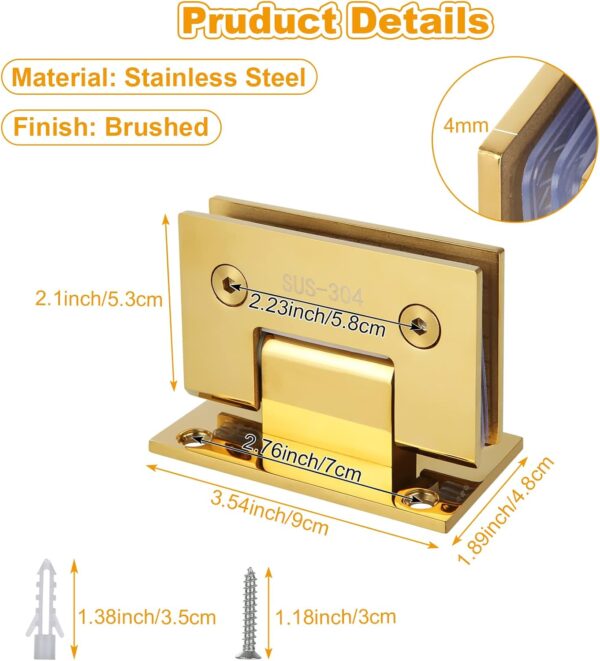 2Pack Glass Gold Shower Door Hinges Stainless Steel 90 Degree Heavy Duty Brushed Gold Shower Door Hinges Replacement Parts with Mounting Hardware, Bathroom Gate Clamp for 3/8” to 1/2”Glass