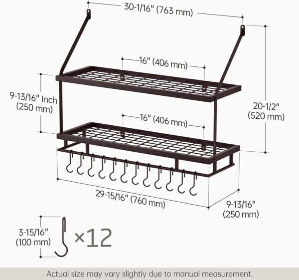 KES 30-Inch Oiled Bronze Pot Rack Wall Mounted, 2-Tier Hanging Pot and Pan Organizer with 12 Sturdy Hooks, Kitchen Wall Hanger Shelves Farmhouse Style, KUR215S75B-OB