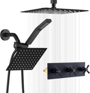 3 Handle Shower Faucet Set, 10" Ceiling Mount Rain Shower Head with Handheld Spray Matte Black Shower Systems with Rain Shower and Handheld