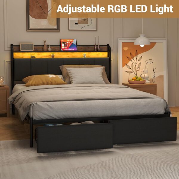 LED Queen Bed Frame with Storage and Headboard, USB & AC Outlet Charging Station, Queen Size Platform Bed with RGB LED Lights, Upholstered Fabirc Headboard, No Box Spring Needed, Grey