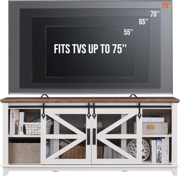 OKD Farmhouse TV Stand for 75 Inch TV, Industrial & Farmhouse Media Entertainment Center w/Sliding Barn Door, Rustic TV Console Cabinet w/Adjustable Shelves for Living Room, Antique White