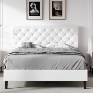 Queen Size Bed Frame with Headboard, Upholstered Platform Bed with Button Tufted Desigh, No Box Spring Required, Easy Assembly, White