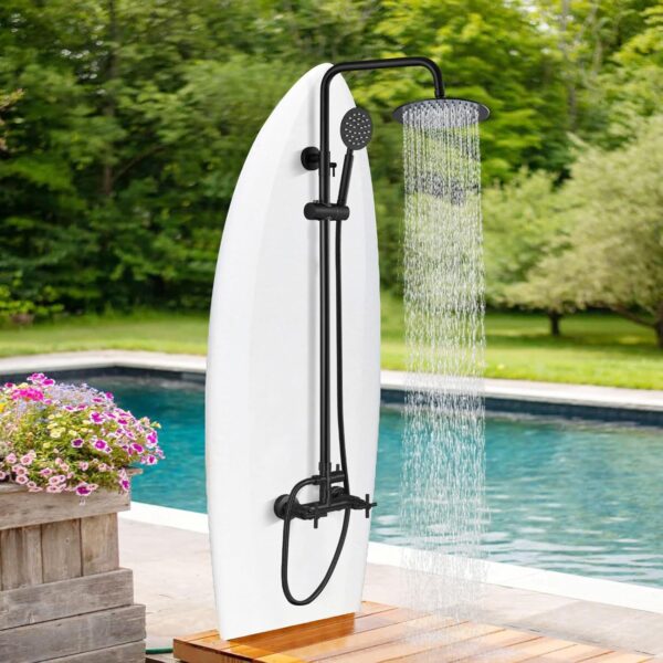 gotonovo SUS304 Outdoor Shower Fixture High Pressure Shower System Combo Wall Mount 2 Dual Function Shower Faucet Set Round Handheld Spray Matte Black Double Cross Handle