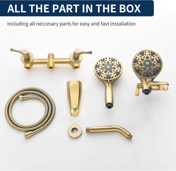 2 Handle Shower Faucet Set with Tub Spout Bathtub Shower Faucet Combo Set Shower System Complete Tub and Shower Trim Kit Brushed Gold Wall Mounted Shower Fixtures