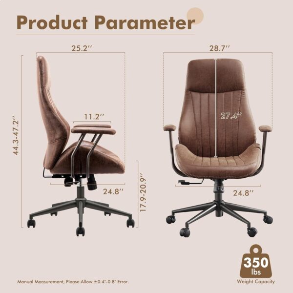 High Back Home Office Chair,Mid Century Modren Ergonomic Executive Chair,Lumbar Support Swivel Task Chair with Wheels,Computer Desk Chair Suede Fabric,350LBS (Dark Brown)