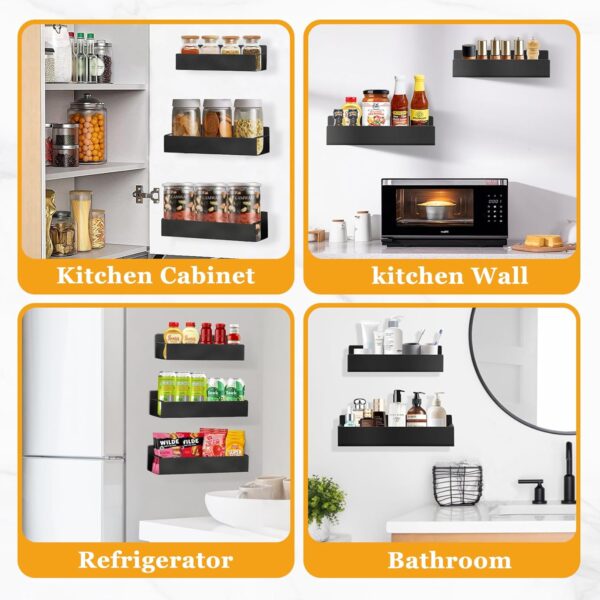 Kitchen Spice Rack: 2 Packs Black Adhesive Wall Mount - 11.8" Large Hanging Storage Organizer Cabinet Without Drilling for Smooth Wall - Work Room Bathroom Shelves